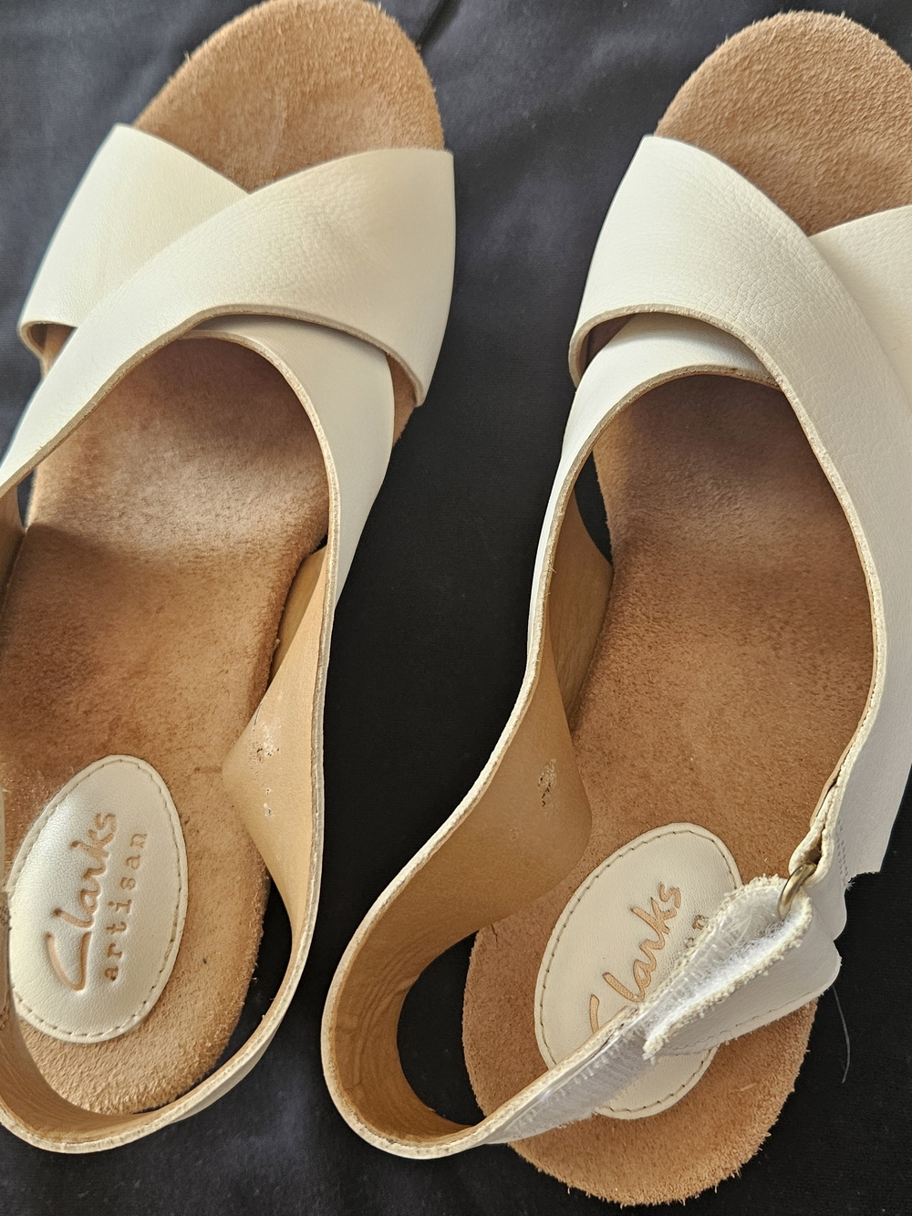 Clarks White Leather Cork Wedge Sandals